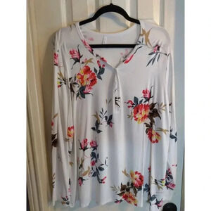 Cathy Top White Pink Floral Long Sleeve Sz 3XL Bust 46" Length 29"